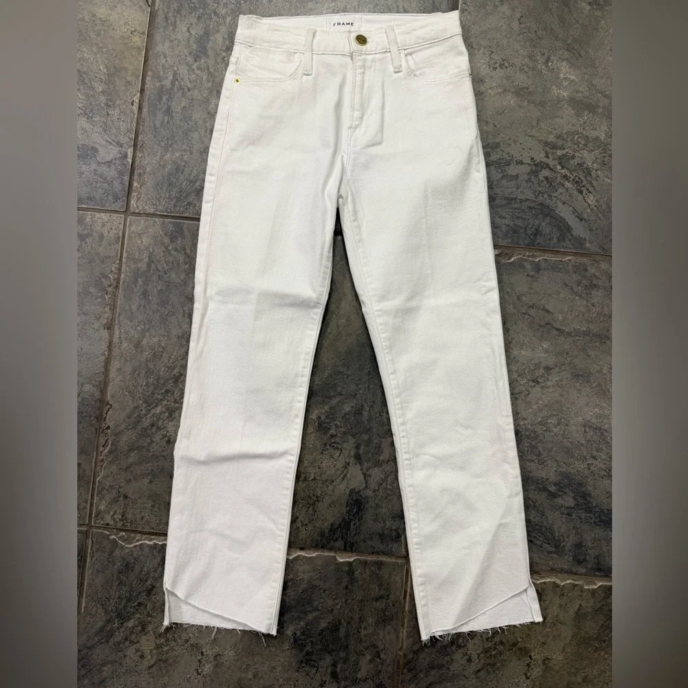 NWT Frame Denim Le High Straight Cascade Raw Hem Jeans White Sz 25‎ $248